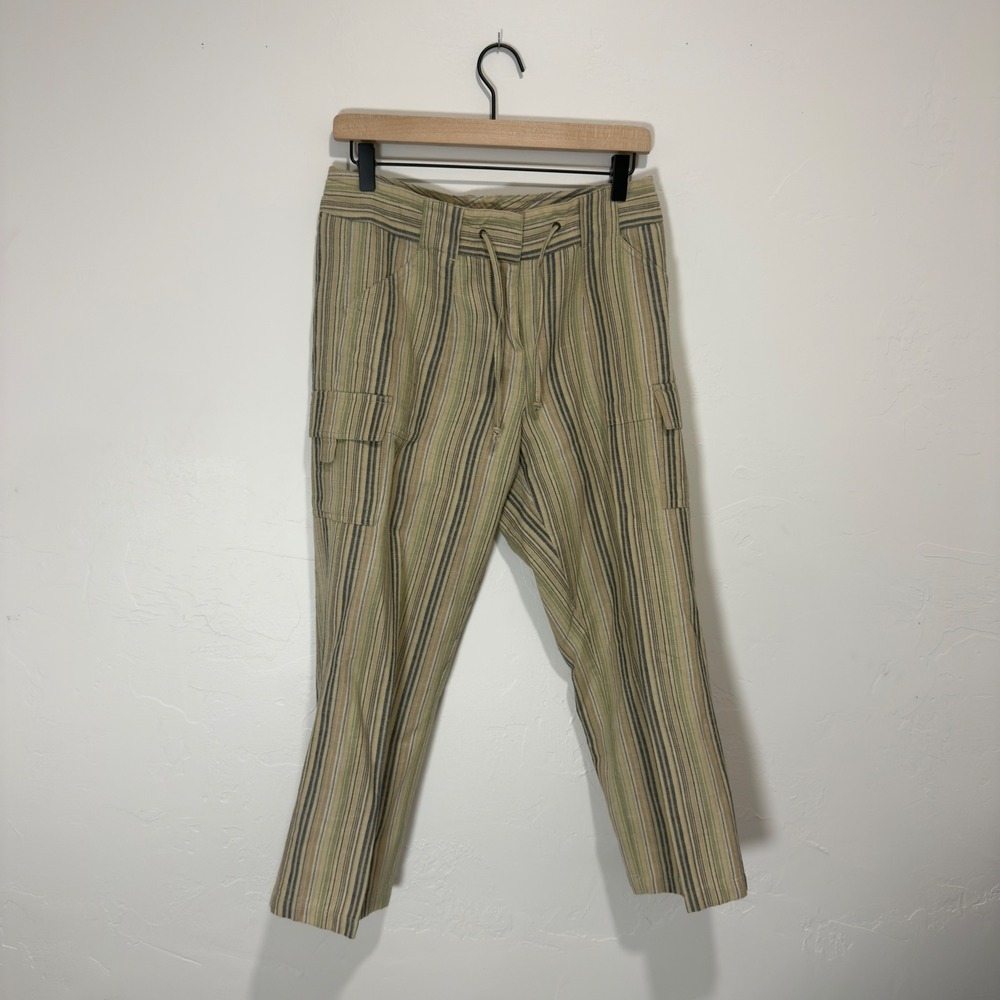 Newport News Striped Cargo Pants Womens 6 Green Tan Cotton Linen Crop K4137